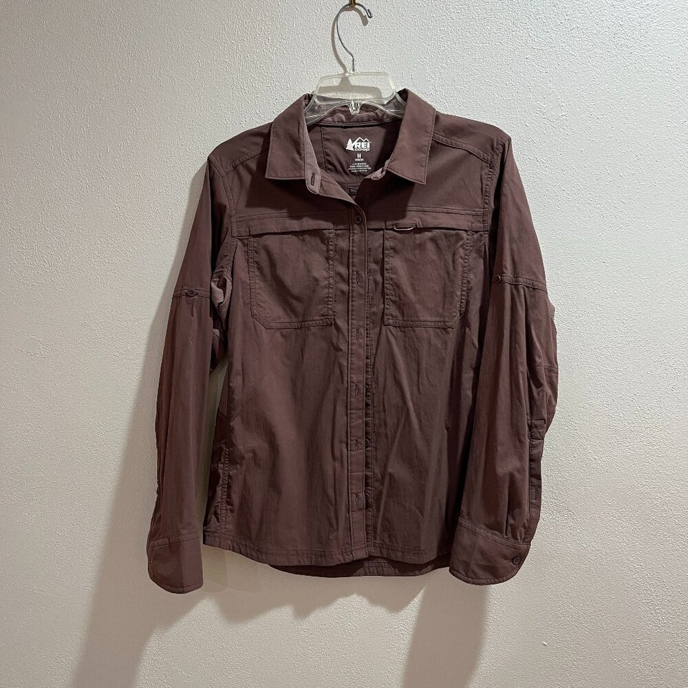 REI Women's Tan/Magenta/Purply Lightweight Long-Sleeved Button-Up Shirt - Size M